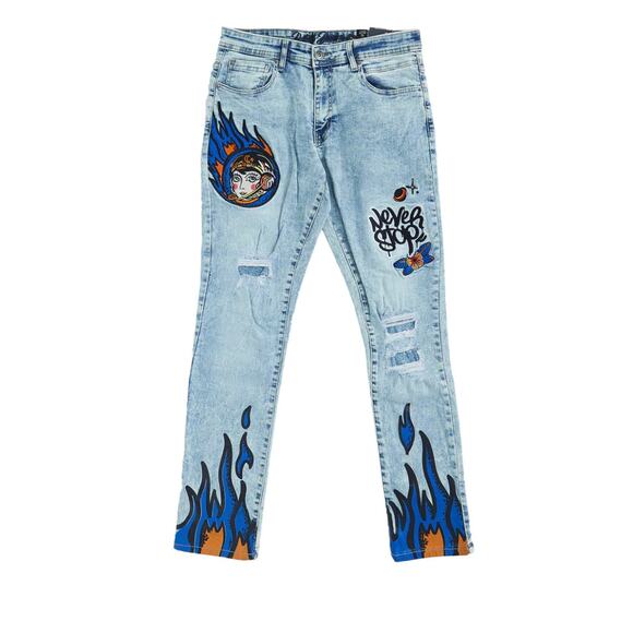 Y2k Track23 Men's Ripped Never Stop Graffiti Flames Graphic Jeans 36x32 - Picture 1 of 7